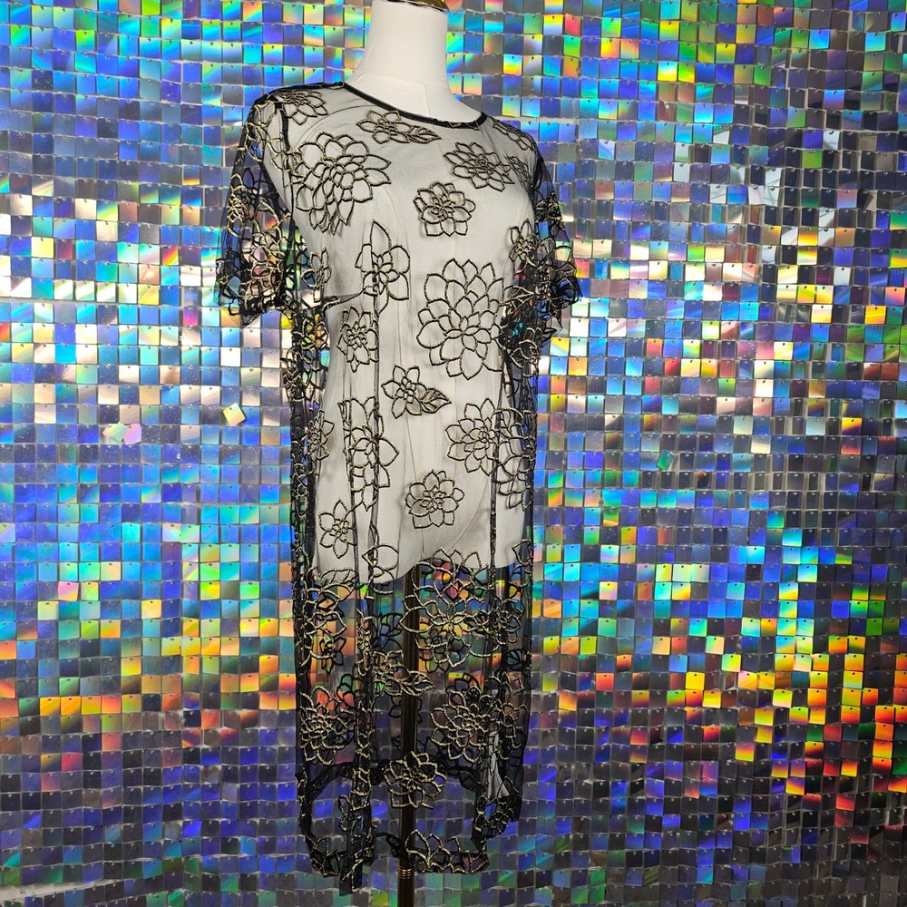 Forever 21 Mesh Duster Women 1X Black Gold Excellent Floral Sheer Cardigan
